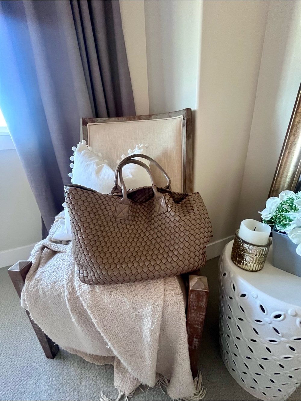 Woven Taupe Leather Tote Bag - Women